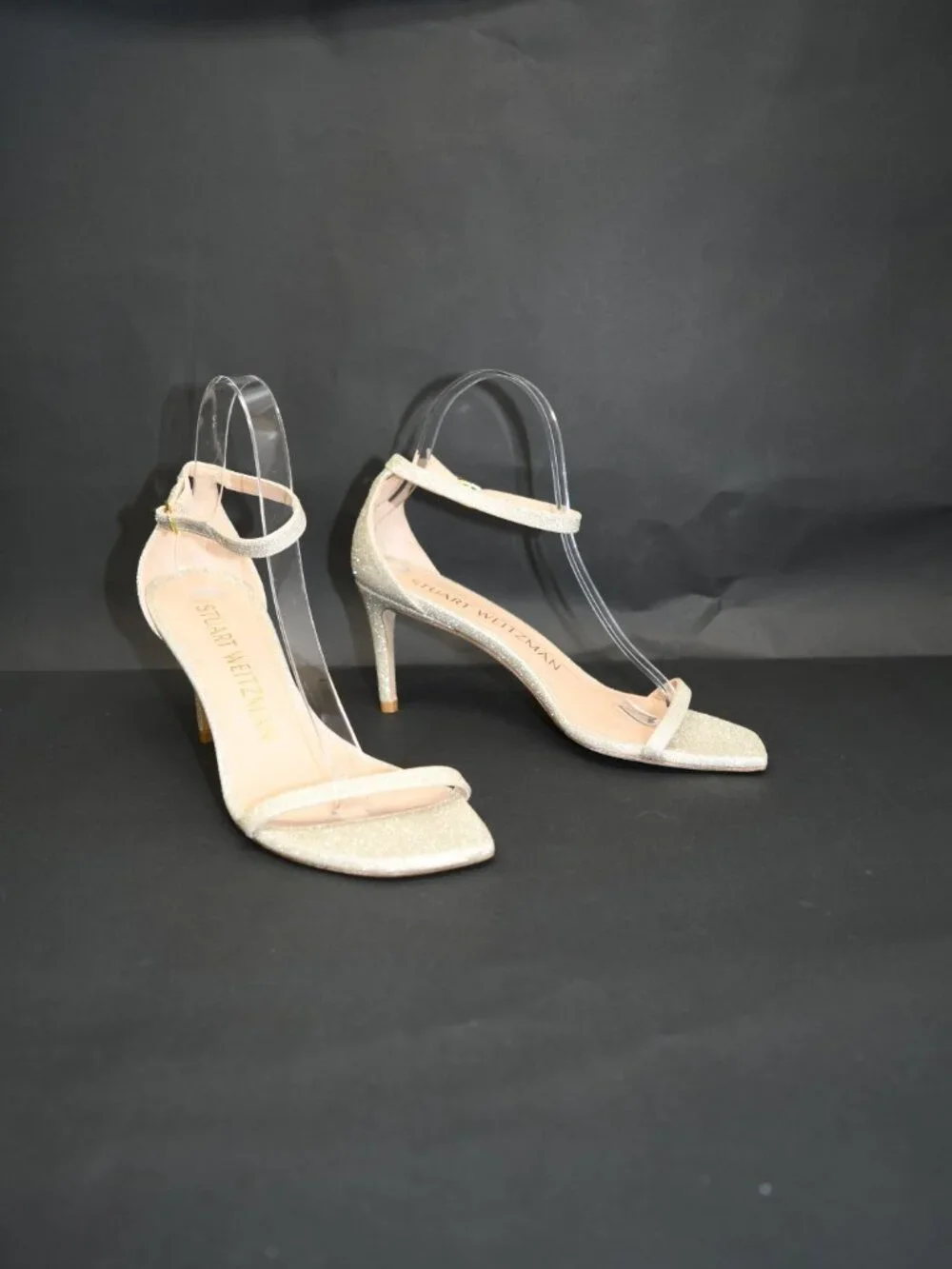 $450 Stuart Weitzman Amelina Ankle Strap Sandal PLATINO 75MM NUDIST 7.5 (PD2)